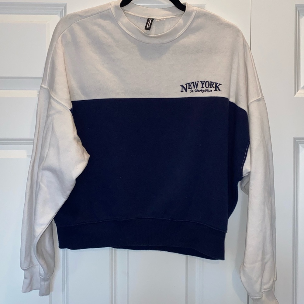 Divided White and Navy Crewneck Sweater